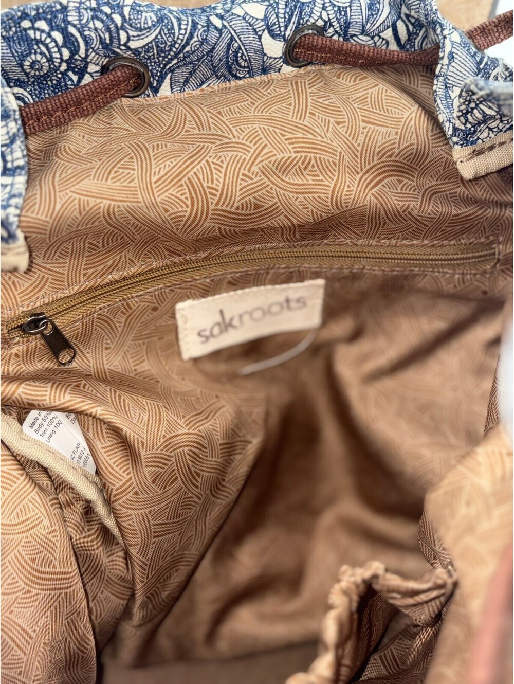 Vintage Sakroots Blue Floral Canvas and Brown Leather Backpack